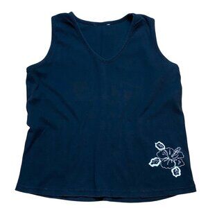 90s Black V-Neck‎ Sleeveless Tank Top With White Floral Embroidery Womens Size L